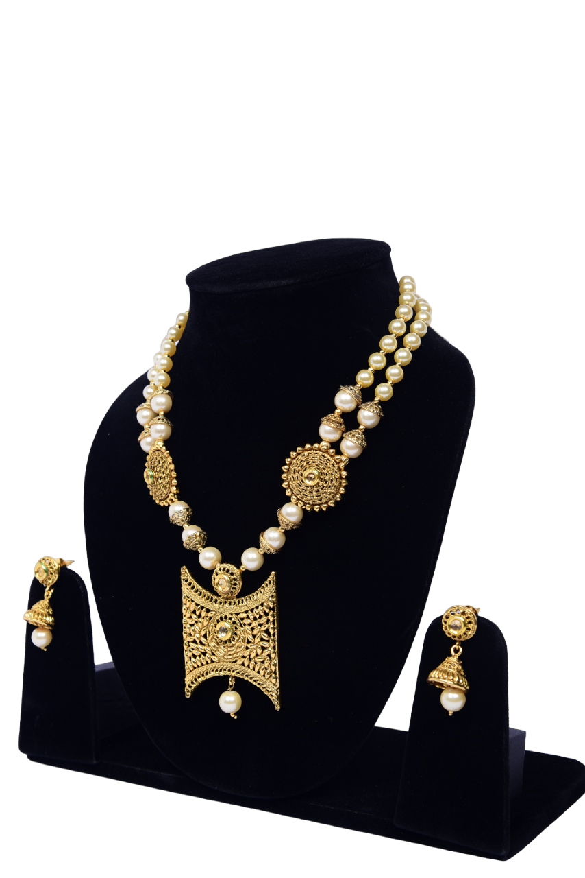 Namokriti Antique Gold-Plated Double-Layer Pearl Necklace Set – Ethnic Statement Jewellery